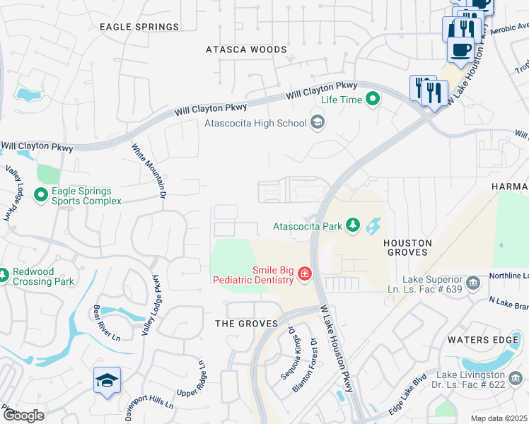 map of restaurants, bars, coffee shops, grocery stores, and more near 1907 West Lake Houston Parkway in Humble