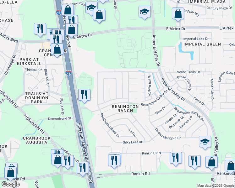 map of restaurants, bars, coffee shops, grocery stores, and more near 19435 Remington Martin Drive in Houston