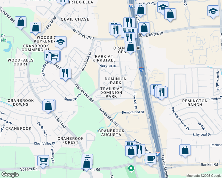 map of restaurants, bars, coffee shops, grocery stores, and more near 200 Dominion Park Drive in Houston