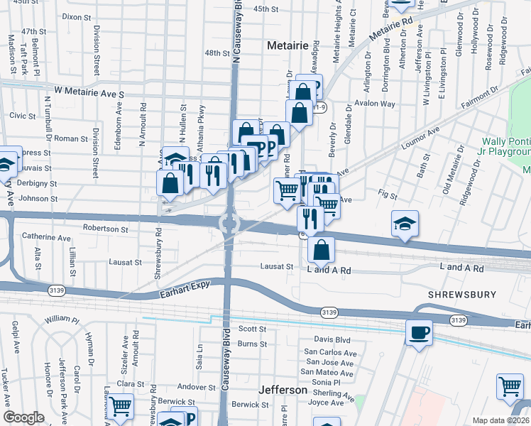 map of restaurants, bars, coffee shops, grocery stores, and more near 2933 Johnson Street in Metairie