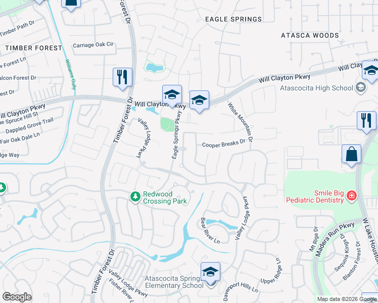 map of restaurants, bars, coffee shops, grocery stores, and more near 17807 Honeysuckle Springs Road in Humble