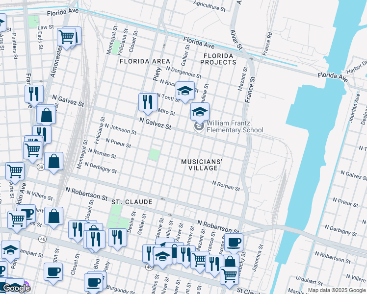 map of restaurants, bars, coffee shops, grocery stores, and more near 2036 Pauline Street in New Orleans