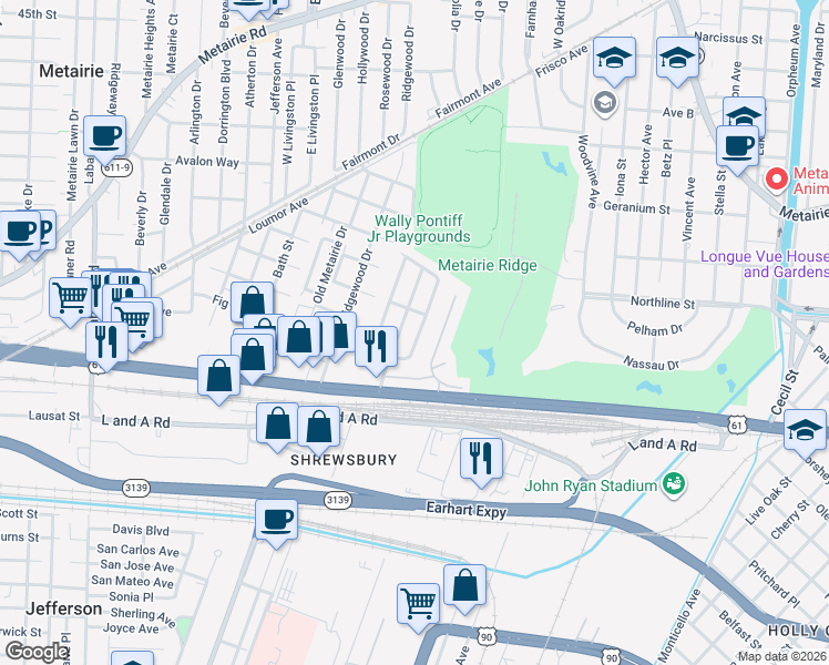 map of restaurants, bars, coffee shops, grocery stores, and more near 317 East Maple Ridge Drive in Metairie