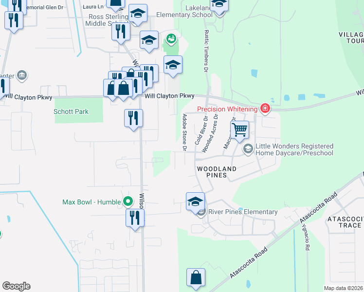 map of restaurants, bars, coffee shops, grocery stores, and more near 9338 Cold River Court in Humble
