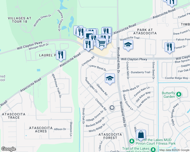 map of restaurants, bars, coffee shops, grocery stores, and more near 17511 Possums Run Drive in Humble