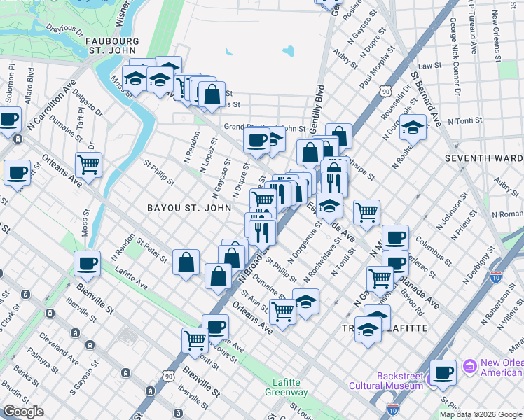 map of restaurants, bars, coffee shops, grocery stores, and more near 1120 North White Street in New Orleans