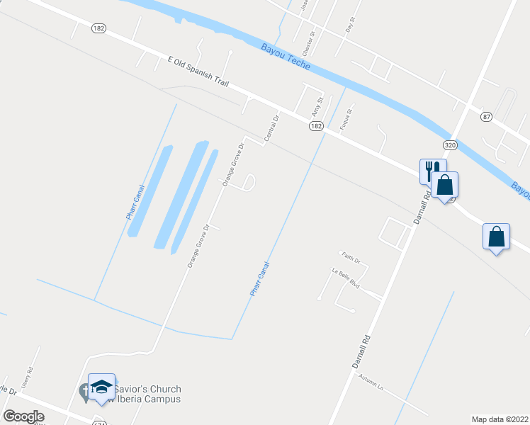 map of restaurants, bars, coffee shops, grocery stores, and more near 3714 Redwood Drive in New Iberia