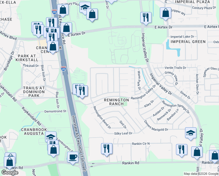 map of restaurants, bars, coffee shops, grocery stores, and more near 19435 Remington Martin Drive in Houston
