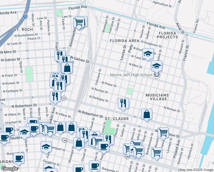 map of restaurants, bars, coffee shops, grocery stores, and more near 3147 North Prieur Street in New Orleans