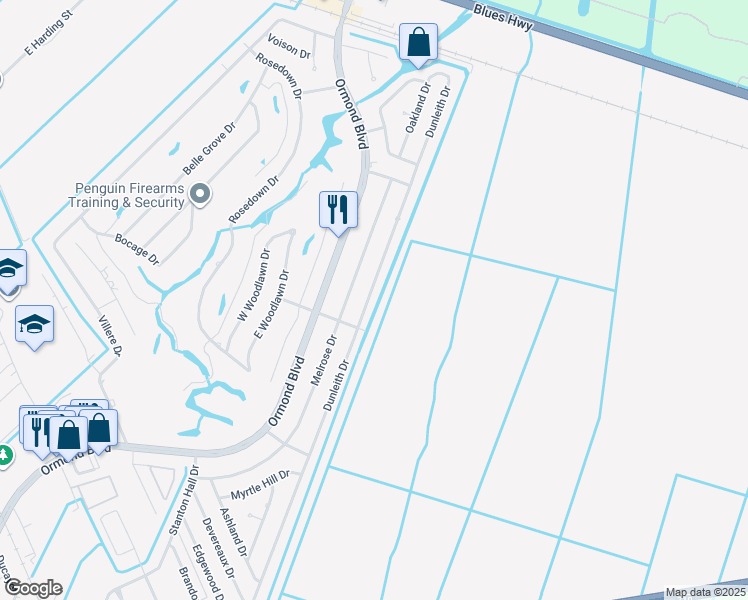 map of restaurants, bars, coffee shops, grocery stores, and more near 106 Melrose Drive in Destrehan