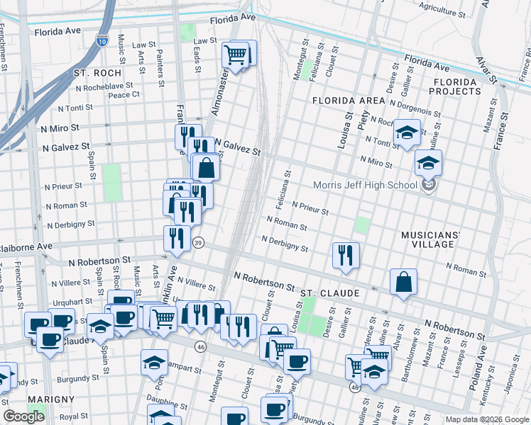 map of restaurants, bars, coffee shops, grocery stores, and more near 1839 Montegut Street in New Orleans