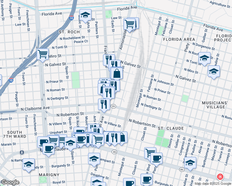 map of restaurants, bars, coffee shops, grocery stores, and more near 2719 North Roman Street in New Orleans
