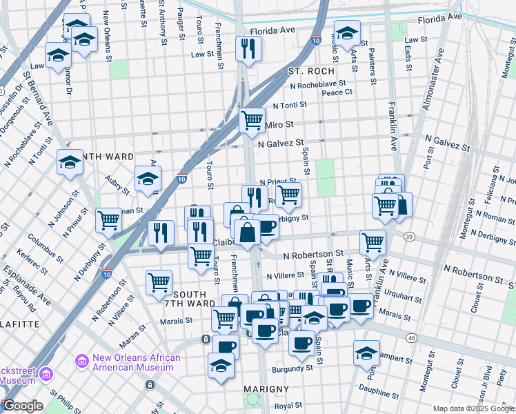 map of restaurants, bars, coffee shops, grocery stores, and more near 1809 Elysian Fields Avenue in New Orleans