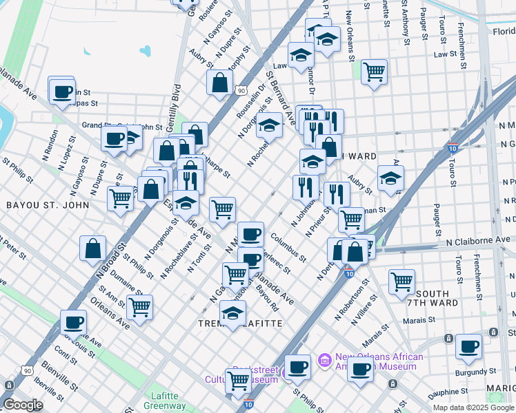 map of restaurants, bars, coffee shops, grocery stores, and more near 2221 Laharpe Street in New Orleans