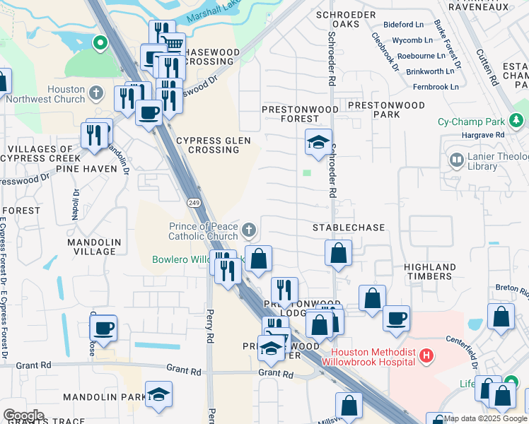 map of restaurants, bars, coffee shops, grocery stores, and more near 8231 Birchglen Lane in Houston