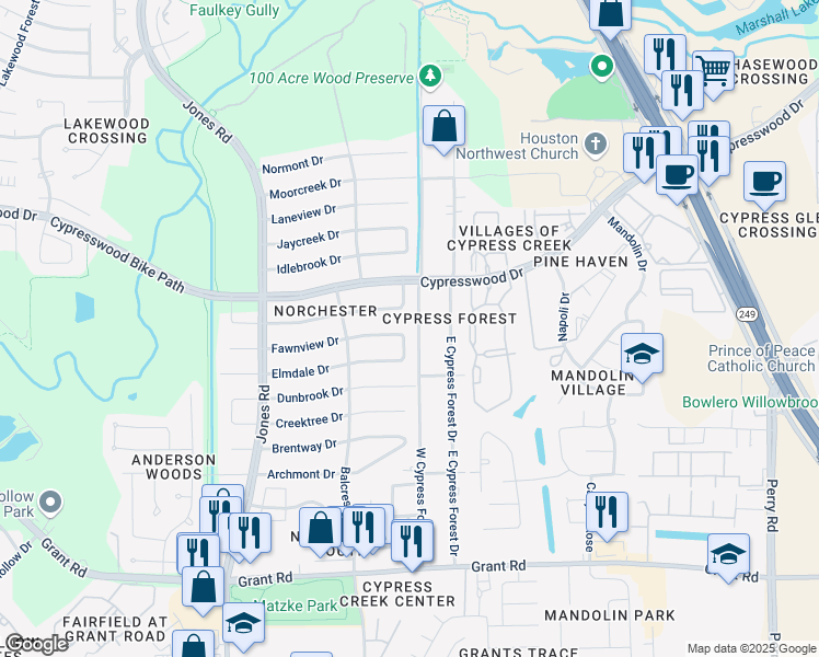 map of restaurants, bars, coffee shops, grocery stores, and more near 10523 Glenway Drive in Houston
