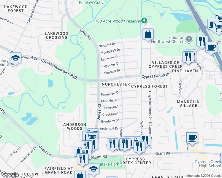 map of restaurants, bars, coffee shops, grocery stores, and more near 10714 Glenway Drive in Houston