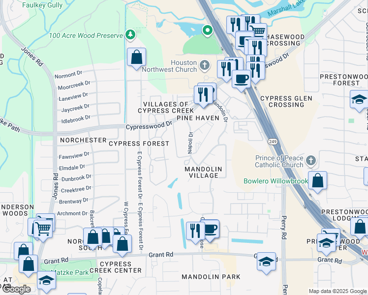 map of restaurants, bars, coffee shops, grocery stores, and more near 13801 Napoli Drive in Houston