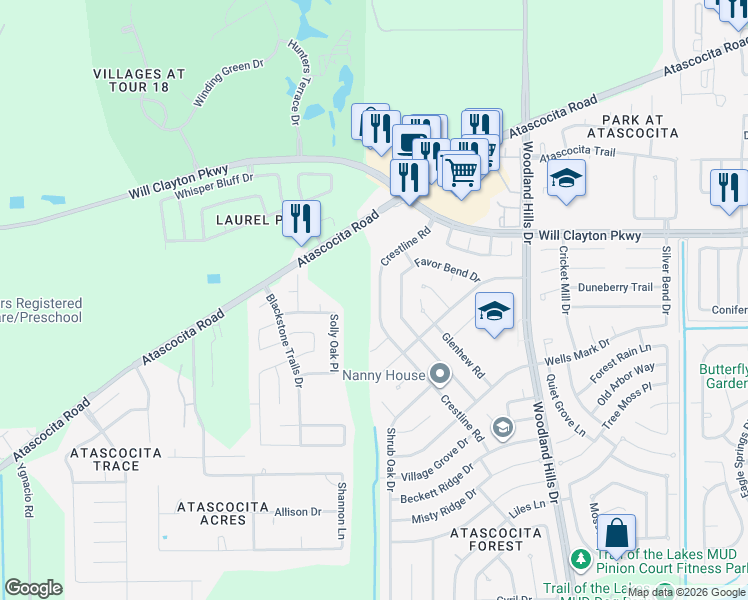 map of restaurants, bars, coffee shops, grocery stores, and more near 17614 Crestline Road in Humble