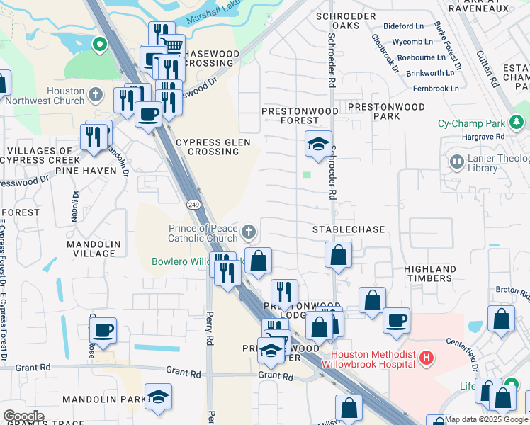 map of restaurants, bars, coffee shops, grocery stores, and more near 8231 Birchglen Lane in Houston