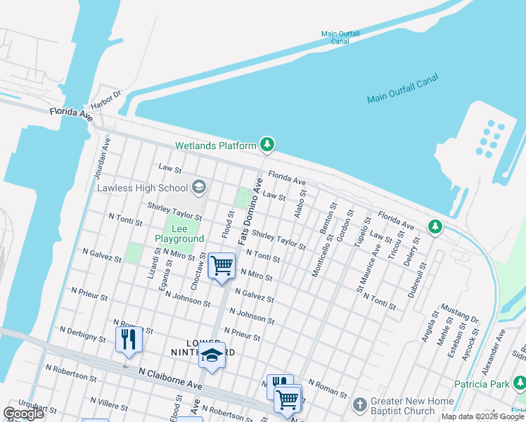 map of restaurants, bars, coffee shops, grocery stores, and more near 2527 Fats Domino Avenue in New Orleans