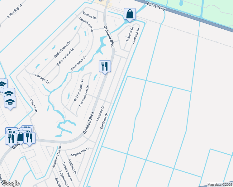 map of restaurants, bars, coffee shops, grocery stores, and more near 184 Dunleith Drive in Destrehan