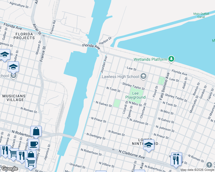 map of restaurants, bars, coffee shops, grocery stores, and more near 2333 Deslonde Street in New Orleans