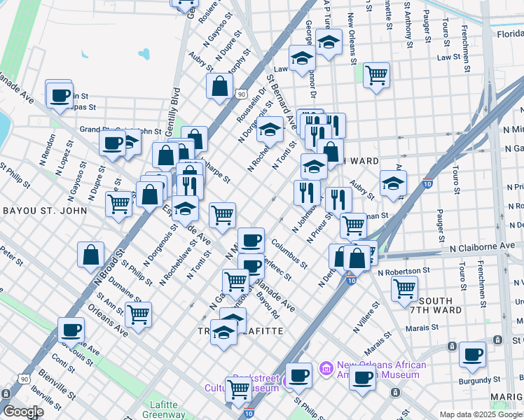 map of restaurants, bars, coffee shops, grocery stores, and more near 2221 Laharpe Street in New Orleans