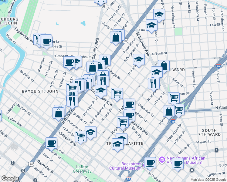 map of restaurants, bars, coffee shops, grocery stores, and more near 2428 Columbus Street in New Orleans