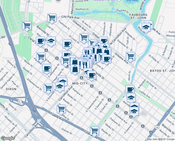 map of restaurants, bars, coffee shops, grocery stores, and more near in New Orleans