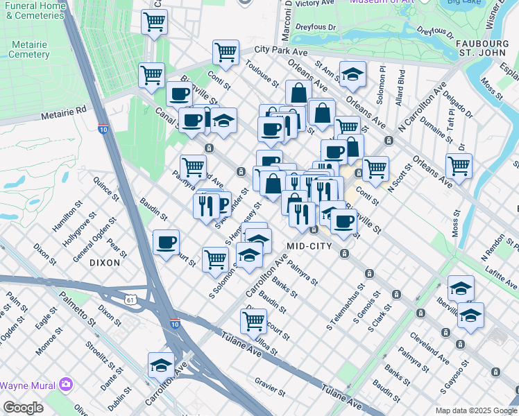 map of restaurants, bars, coffee shops, grocery stores, and more near 4240 Canal Street in New Orleans