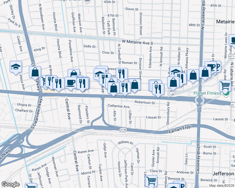 map of restaurants, bars, coffee shops, grocery stores, and more near 3818 Johnson Street in Metairie