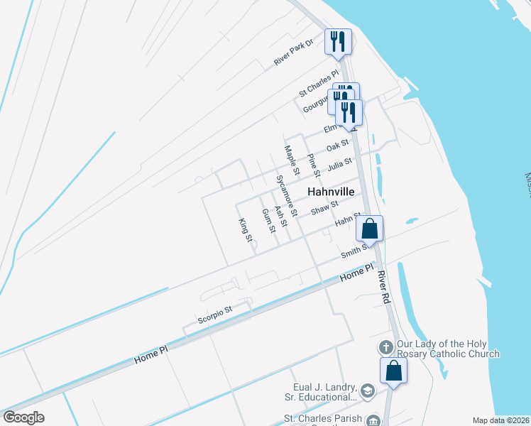 map of restaurants, bars, coffee shops, grocery stores, and more near Gum Street in Hahnville