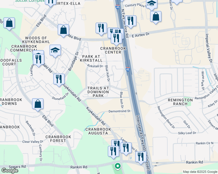map of restaurants, bars, coffee shops, grocery stores, and more near 211 Blue Ash Drive in Houston