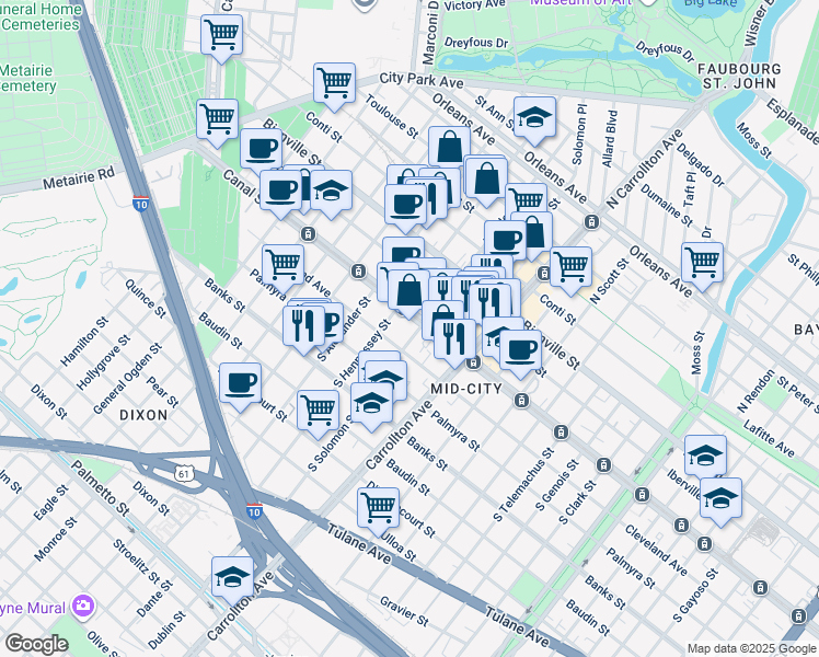map of restaurants, bars, coffee shops, grocery stores, and more near 4240 Canal Street in New Orleans