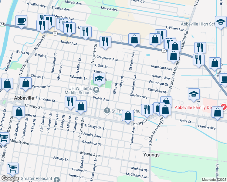 map of restaurants, bars, coffee shops, grocery stores, and more near 404 Elias Street in Abbeville