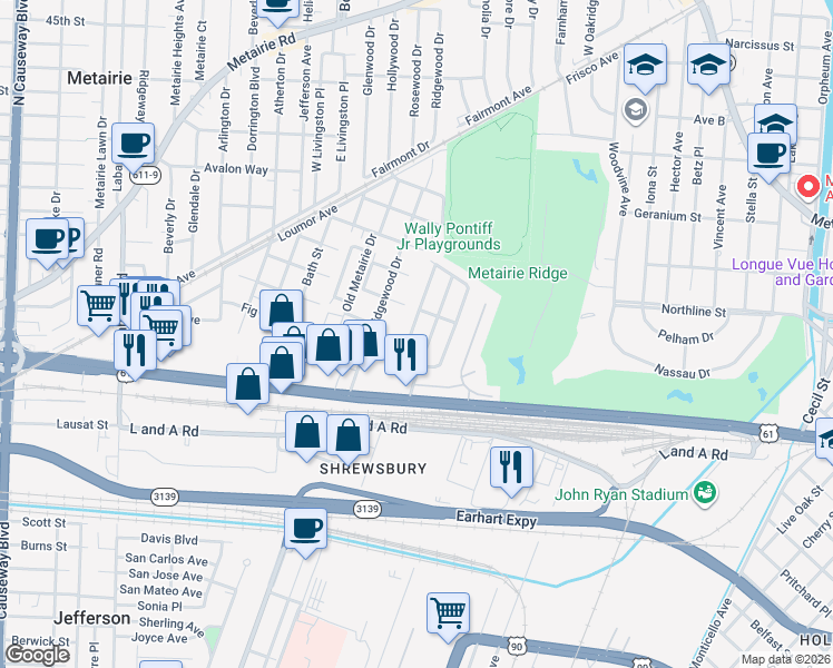 map of restaurants, bars, coffee shops, grocery stores, and more near 217 West Maple Ridge Drive in Metairie