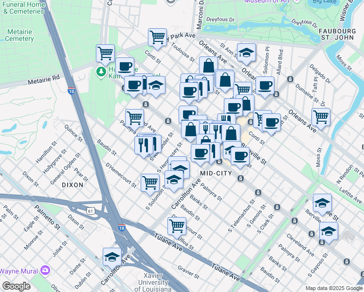 map of restaurants, bars, coffee shops, grocery stores, and more near 126 South Hennessey Street in New Orleans