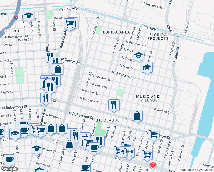 map of restaurants, bars, coffee shops, grocery stores, and more near 1903 Louisa Street in New Orleans