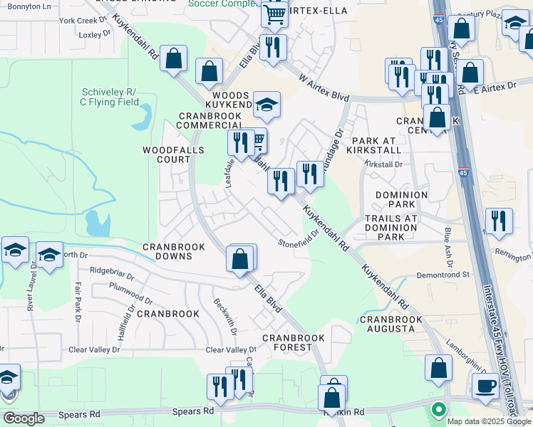 map of restaurants, bars, coffee shops, grocery stores, and more near 13106 Stonefield Drive in Houston