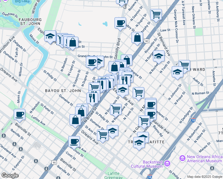 map of restaurants, bars, coffee shops, grocery stores, and more near in New Orleans