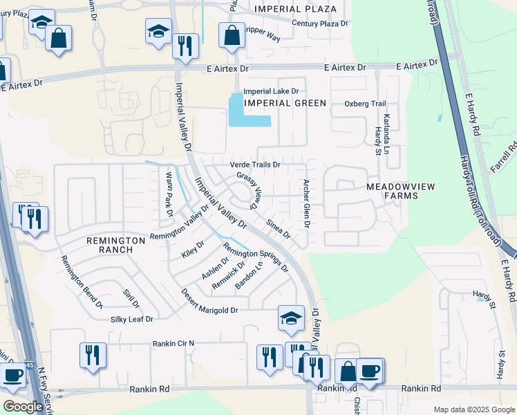 map of restaurants, bars, coffee shops, grocery stores, and more near 1202 Grassy View Drive in Houston