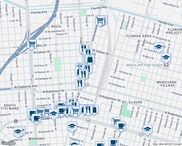 map of restaurants, bars, coffee shops, grocery stores, and more near 2719 North Roman Street in New Orleans