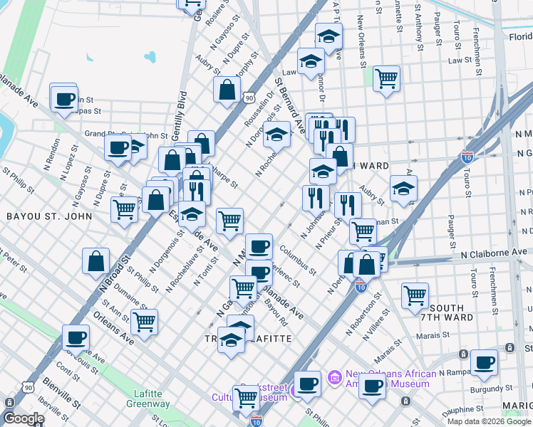 map of restaurants, bars, coffee shops, grocery stores, and more near 2221 Laharpe Street in New Orleans