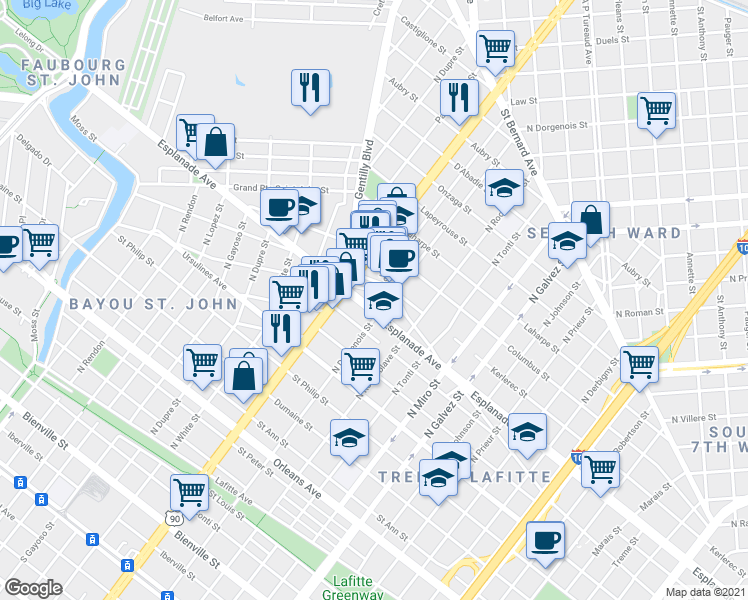 map of restaurants, bars, coffee shops, grocery stores, and more near 2504 Bayou Road in New Orleans