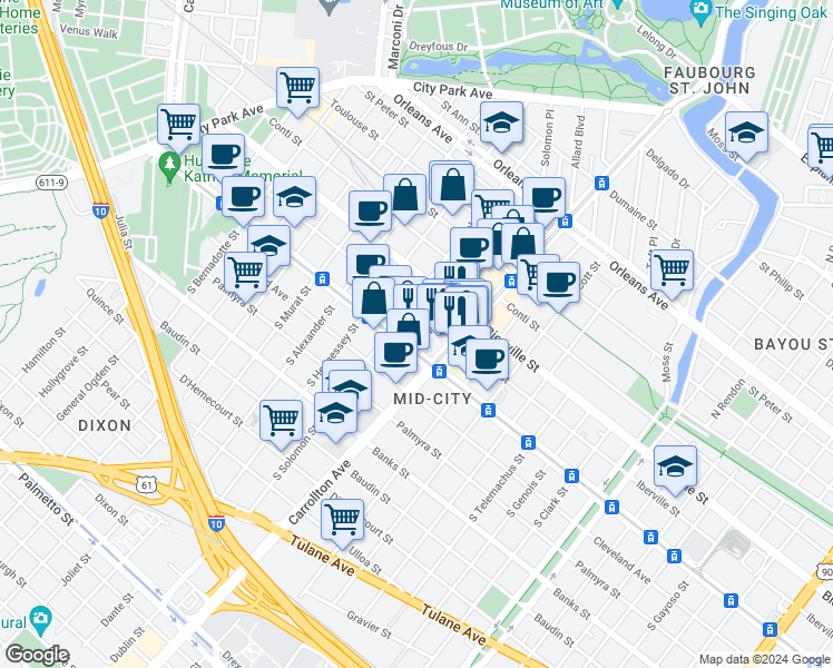 map of restaurants, bars, coffee shops, grocery stores, and more near 4135 Iberville Street in New Orleans