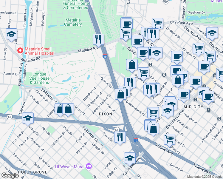 map of restaurants, bars, coffee shops, grocery stores, and more near 4810 Pontchartrain Boulevard in New Orleans