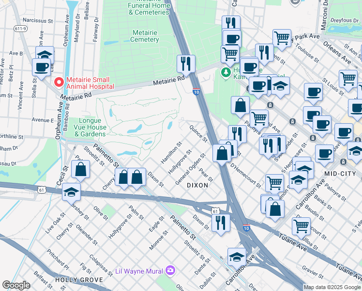 map of restaurants, bars, coffee shops, grocery stores, and more near 4301 Hamilton Street in New Orleans