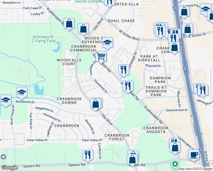 map of restaurants, bars, coffee shops, grocery stores, and more near 13106 Stonefield Drive in Houston