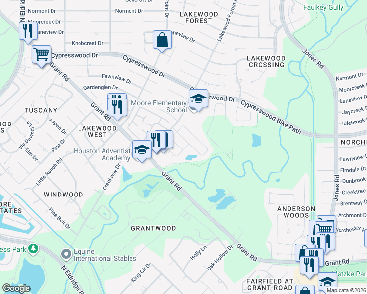 map of restaurants, bars, coffee shops, grocery stores, and more near 11526 Aspenway Drive in Houston
